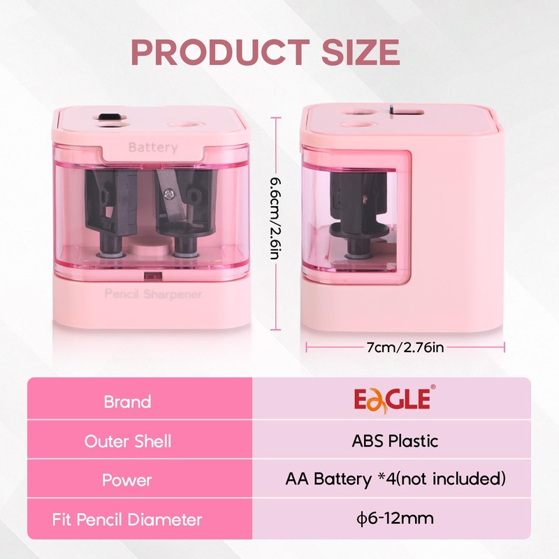 Eagle Electric Pencil Sharpener, Dual Holes, Battery Powered for School/Office/Art,