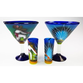 Eye4Art Mexican Margarita Martini glasses and matching shot glasses, Hand Painted Pancho with Blue Agave Cactus (2 glasses 2 shot glasses)