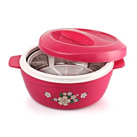 Cello Roti Plus Big Floral Stainless Steel Double Walled Insulated Casserole with Lid | Casserole with Drip Tray | BPA Free | Light Weight, Easy to Clean and Durable (85oz, Pink)