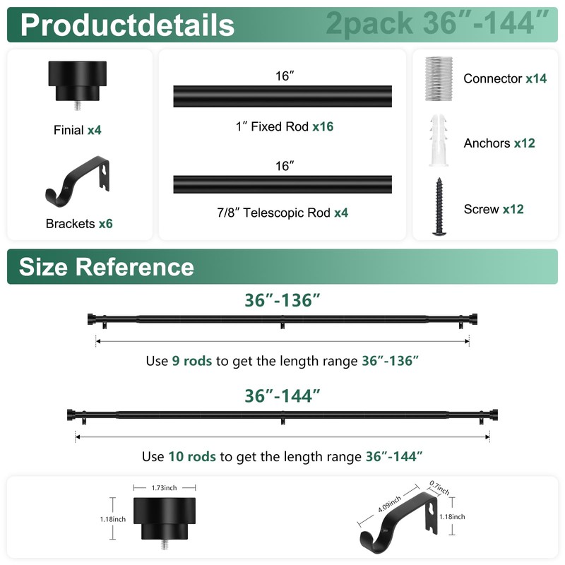 HEI! DEAR Curtain Rod 2Pack,Black Curtain Rods 72 to144 Inch(6-12ft),1Inch