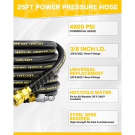 POHIR 5000PSI Pressure Washer Gun and Hose 3/8'' 25FT Kit, 4800PSI Power Washing Hose Steel Braided with 40'' Extension Wand & M22-14/15mm Fitting & 7 Nozzle Tips for Cleaning