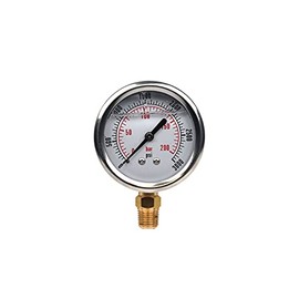 Glycerine Filled Pressure Gauges: 2 1/2’’ Diameter, 0-3000 PSI, Stainless Steel Case, Plexiglass Crystal, Dial is Aluminum, Bottom Connection 1/4'' NPT Brass, 221565