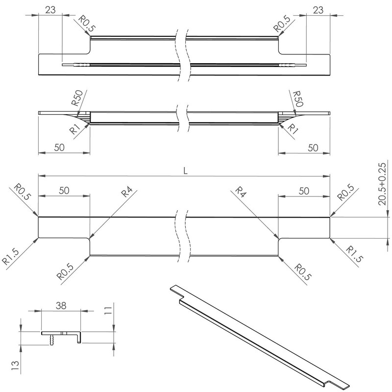 Slim Handle 995 mm Brushed Stainless Steel Look for Milling