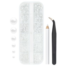 qiipii 2mm-8mm ﻿Pure White Flatback Pearls Nail Charms Gems Half Round Beads w Pickup Pencil & Tweezer for Nail Art Face Eyes Makeup Tumblers Bottles DIY Crafting Bedazzling Scrapbooking Clothes Shoes