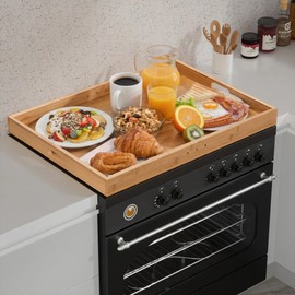 Bamboo Stove Cover for Gas & Electric Burners, 28.82”x20.83”x2.12'' (Inner) Noodle Board with Handles, Cutting Board with Juice Groove, Serving Tray (Natural Bamboo)