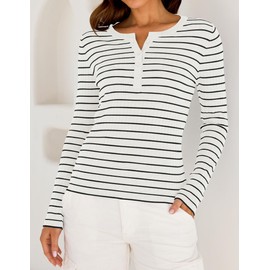 ZESICA Womens Long Sleeve Striped Shirts V Neck Button Up Sweater Casual Loose Basic Tops 2024 Trendy Fall Clothes,White,Small