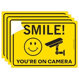 Evoque Smile You’re On Camera Sticker Signs Outdoor and Indoor - Pack of 4-10x7 inches - Waterproof Security Camera Sign Surveillance Sticker for Offices - Homes - Shops etc (Yellow 4pcs)