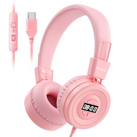 Bywulanda USB-C Kids Headphones with Digital Timer, 85/94dB Volume Limit Portable Headphones for Kids, HD Stereo Sound, On-Ear Headset with Microphone for Toddler Classroom Study Tablet(Pink)