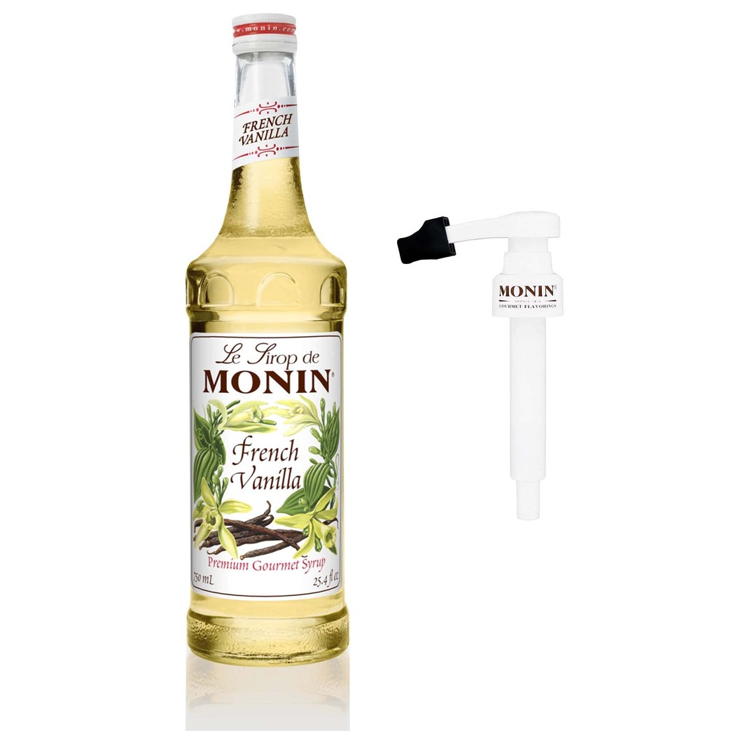 Monin - French Vanilla Syrup with Monin BPA Free Pump, Boxed, Versatile Flavor, Natural Flavors, Great for Coffees, Cocktails, Shakes, and Kids Drinks, Non-GMO, Gluten-Free (1 Liter)