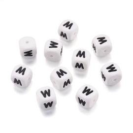 Crafans 100Pcs 12mm Silicone Cube Letter Beads White English Alphabet Letter M Vowel Loose Spacer Beads Initial Cube Dice Beads for Jewelry Making