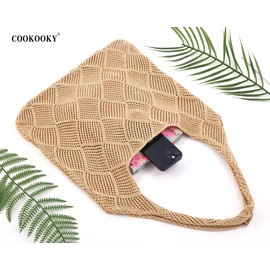 COOKOOKY Crochet Beach Tote bag Summer Beach Bag for Women Aesthetic Mesh Tote Bag Hippie Bag Knit Bag (D-Khaki, Medium)