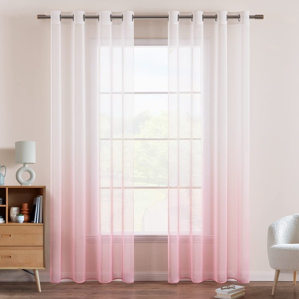 Emema Transparent Curtains, Colour Gradient, Voile Sheer, Set of 2 Curtains with Eyelets, Decorative Window Curtain for Bedroom and Living Room, 225 cm x 140 cm (H x W), White, Pink