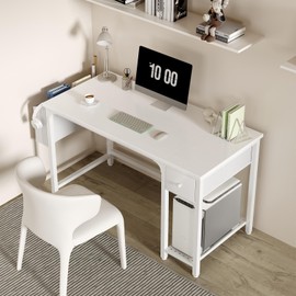 Lufeiya White Computer Desk with Drawers - 47 Inch PC Desk for Small Space Bedroom Home Office, Modern Simple Study Writing Table Desks with Storage Shelf, White