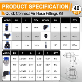 Ailbiuko 40 PCS 1/2" Pneumatic Quick Connect Air Hose Fitting Kit