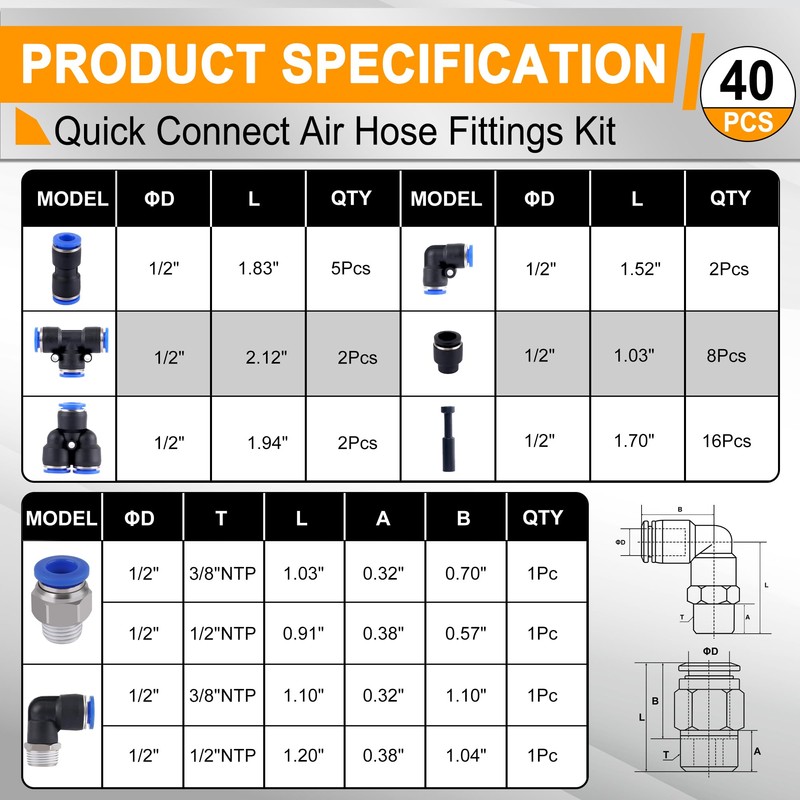 Ailbiuko 40 PCS 1/2" Pneumatic Quick Connect Air Hose Fitting