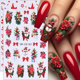 Christmas Nail Stickers Red Flower Nail Decals 5PCS 3D Self-Adhesive Snowman Candy Cane Elk Tree Flower Design Nail Art Supplies Winter Xmas Nail Sticker Nail Art for Women Girls DIY Decorations Decor