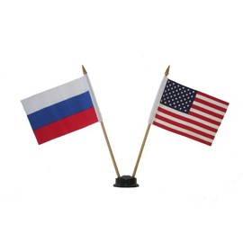 USA & RUSSIA Small 4 X 6 Inch Mini Double Country Stick Flag Banner with BLACK STAND on a 10 Inch Plastic Pole .. New