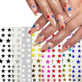 8 Sheets Glitter Stars Nail Art Stickers 3D Self Adhesive Shiny Glitters Starlight Nail Decals Holographic Black White Gold and Silver Pentagram Design Decal for Woman DIY Manicure Decoration