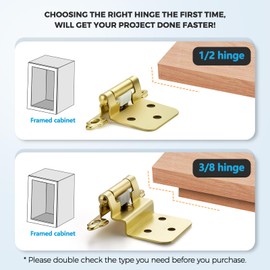 50 Pack (25 Pairs) 3/8 Inch Insert Kitchen Cabinet Hinges, Satin Brass Self Closing Hinges for Kitchen Cabinet Doors, Semi-Concealed Cupboard Hardware, Face Mount Hardware, Gold