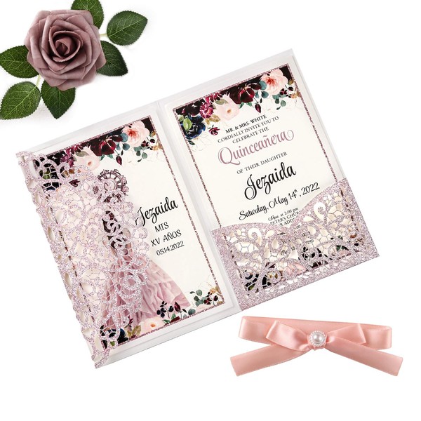 DORIS HOME 4.7 x7 inch 50PCS Blank Glitter Rose Gold Quinceanera Invitations Kit, Laser Cut Birthday Invitation Cards with Envelopes