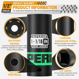 Aiourx 1/2" Drive Impact Socket, 1-1/16 inch Deep Socket, SAE, 6 Point, CR-V, for Car Repair, Loosen The Fastening Nut
