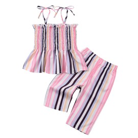 Baby Girl Clothes Toddler Girl Summer Outfits Sleeveless Ruffle Halter Tops Pants Stripes Plaids Clothing Set 12-18Months