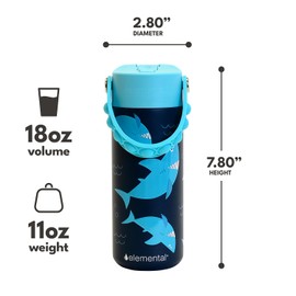 Elemental Insulated Kids Water Bottle, Stainless Steel Bottle with Straw Lid & Stress Reliever Pop-It Handle, Leak-Proof Bottles for School, Travelling and Sports, 530ml - Sharks Ahoy