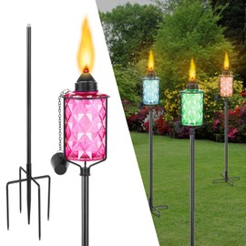 Glass Garden Torch for Outside 4 Pack, Citronella Torches with 5-Prong Grounded Stake,Colorful Outdoor Torch Garden Decor Canisters 12 oz,Metal Light Torches for Party Patio Pathway