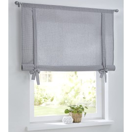 Cottage Checked Roman Blind with Drawstring for Curtain Poles, Country House Curtain Kitchen Checked White/Grey, Tie Curtain, Roll Curtain, Width 80 cm x Height 100 cm