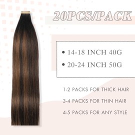 Human Hair Tape in Extensions, Balayage Natural Black Mixed Chestnut Brown Hair Extensions Real Human Hair 20 Inch 20pcs Remy Straight Tape in Hair Extensions Human Hair (1B/1B/6#,20 Inch)