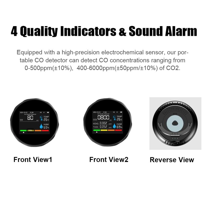 6-in-1 Carbon Monoxide Detector Portable LED Display CO2 TVOC HCHO