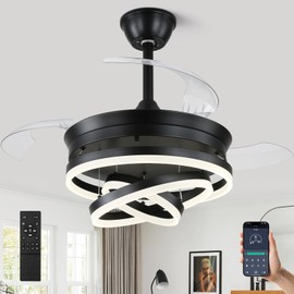Retractable Ceiling Fan with Lights,Dimmable,6 speeds,DC Motor,36 inch Modern DIY Black Ceiling Fan with Lights Remote Control for Bedroom Living Room Kitchen