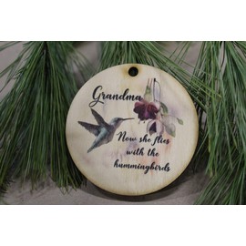 Grandma Christmas Ornament Wood Slice Grandmother Hummingbird Memorial Keepsake In Remembrance Keychain Now She Flies Wood Circle Sign Gift