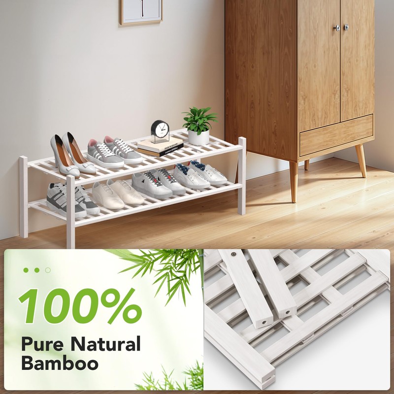 Haddockway Long 2 Tier Bamboo Shoe Rack Storage Organizer, Multifunctional