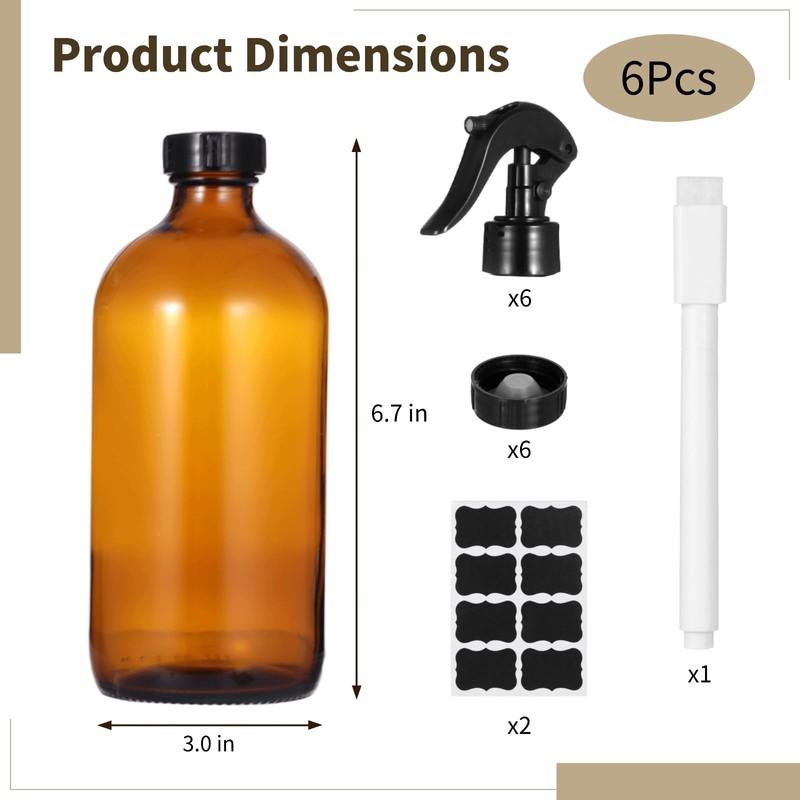 OMISTAR 6 Pcs 16 oz Amber Glass Spray Bottles for