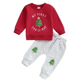 Xeadoffubio 2Pcs Infant Baby Girl Boy Christmas Outfit Gingerbread Man Letter Print Crewneck Sweatshirt Jogger Pants Fall Outfits Toddler Baby Unisex Christmas Clothes (Green tree, 6-9 Months)