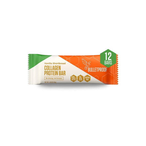 Bulletproof Collagen Protein Bars, Healthy Snacks for Keto Diet, Made with MCT Oil, Gluten Free, for Men, Women, and Kids, Vanilla Shortbread, 12 Pack