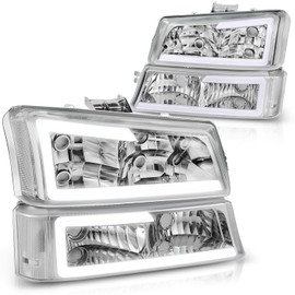 Auto Dynasty 4PCS LED DRL Headlight Lamps Compatible with Chevy Silverado Avalanche 1500 2500 3500 03 04 05 06 / Chevy Silverado Classic Models 07, Driver and Passenger Side, Chrome Housing Clear Lens