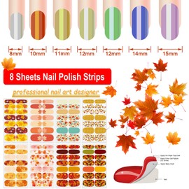 DANNEASY 8 Sheets Fall Nail Polish Stickers Full Nail Wraps for Women Self Adhesive Nail Polish Strips Gel Nail Strips Maple Leaf Fingernail Nails Design with Nail File, Cuticle Stick