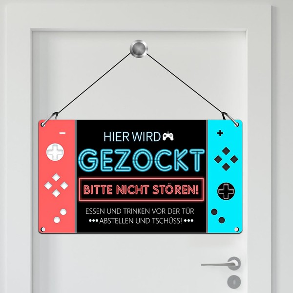 Hier Wird Gezockt Metal Sign, 32 x 18 cm Gaming Room Decoration for Boys and Girls, Door Sign Children's Room Gadgets, Gamer Gift Idea Decoration, Gift Gamer Things for Teenagers Boys