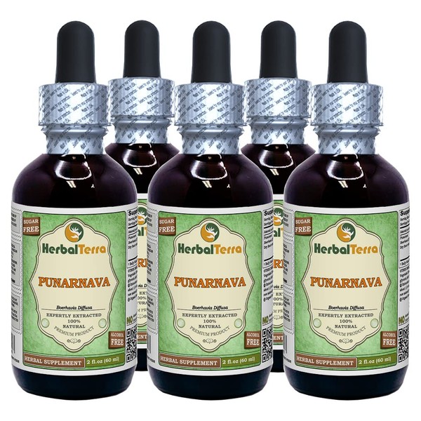 Punarnava (Boerhavia Diffusa) Dried Root Alcohol-Free Liquid Extract (Brand Name: HerbalTerra, Proudly Made in USA) 5x2 oz