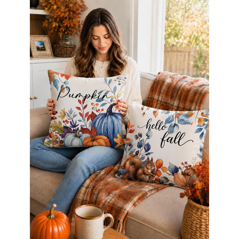 Fall Pillow Covers 18x18 Set of 2 Velvet Farmhouse Rustic