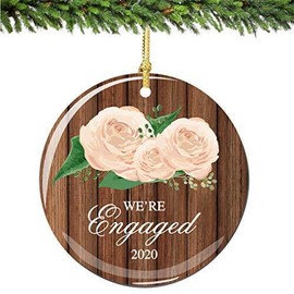 We're Engaged Christmas Ornament 2022 Porcelain fiancé and Rustic Wood and Roses