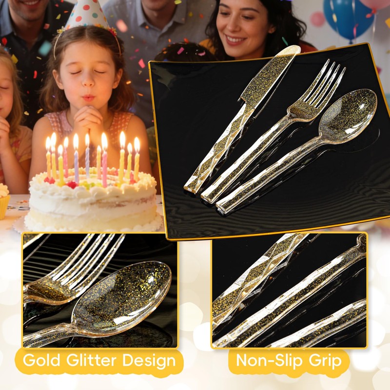 Lullaby 300Pc Heavy Duty Gold Plastic Silverware, Gold Glitter Utensil