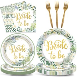 96Pcs Bridal Shower Party Decorations Sage Green Bride to Be Paper Plates Napkins Wedding Shower Party Tableware Set Green Plants Dinnerware for Engagement Wedding Bachelorette Party Supplies Serve 24
