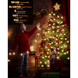 Christmas Snowflake String Lights Outdoor, 100 LED 49FT Icicle Lights Waterproof with 8 Modes Timer Xmas Decorations, Plug in Fairy Lights for Curtain, Eaves, Window, Tree, Garden, Yard- Warm White