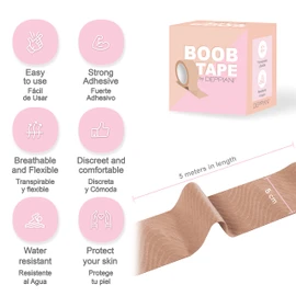 Deppiani Boobytape. Cinta para Busto de Algodón | 5 Metros | Cinta levanta busto para Vestidos de Fiesta o Blusas. Diseño 2 en 1 Cinta para Pechos y Pezonera Adhesiva. Boob Tape (Beige, 2)