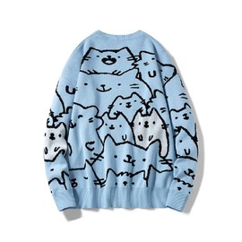 Autumn Cotton Anime Sweaters Men Vintage Oversized Sweaters Fashion Streetwear Cute Cat Cartoon Pullover Men Clothing (M, Blue)