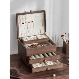 Homruilink Wooden Jewelry Box, 3 Layer Large Jewelry Organizer for Women, Jewelry Storage, for Necklaces Rings Earring Watches Bracelets, Black Walnut Wood, Valentine's Day Gift