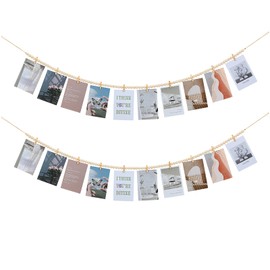 2Pcs Hanging Photo Display with Clips, Boho Wooden Bead Garland Collage Picture Frame Wall Decor, Photo String with 10 Clips for Bedroom Room Dorm Cubicle Decor, Christmas Teen Girls Gifts
